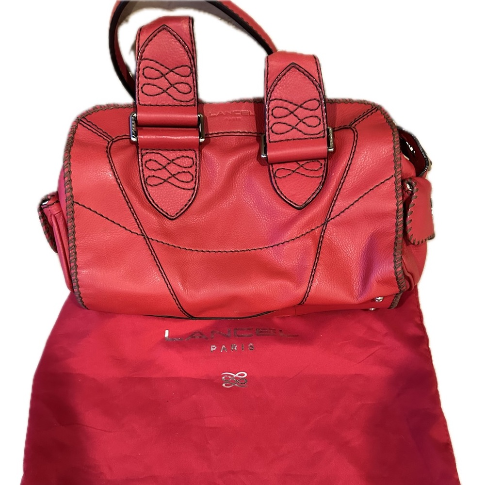 Lancel Red Whipstitch Leather Side Pocket Satchel